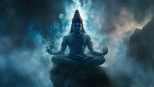 Blue-toned deity figure in meditative seated mountain setting.