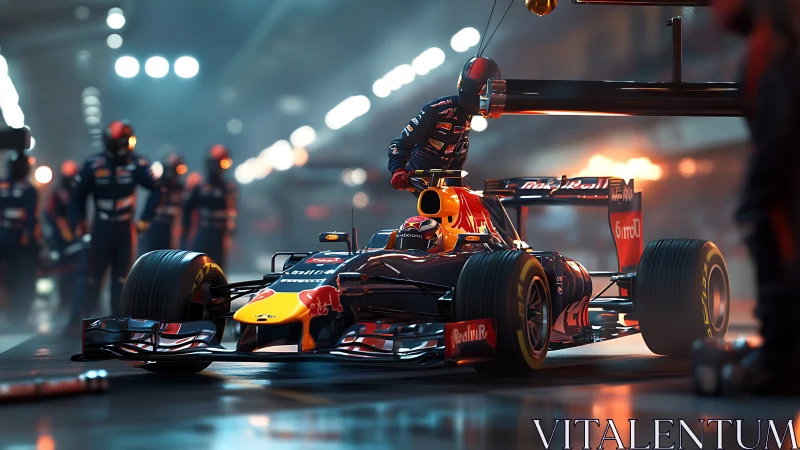 Formula race car in high pressure pit stop at night.