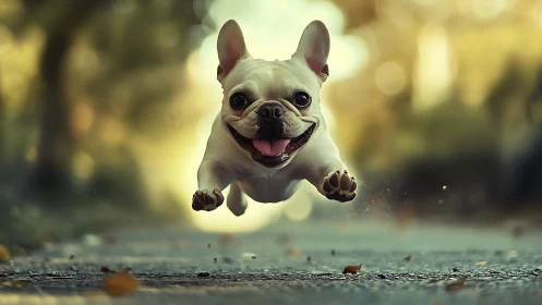 Joyful French bulldog races down a sunlit leafy path