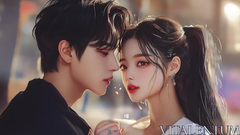 Two souls share an intimate, tender moment under golden city lights.