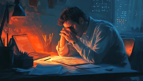 Overworked office analyst under warm lamp glow at night desk
