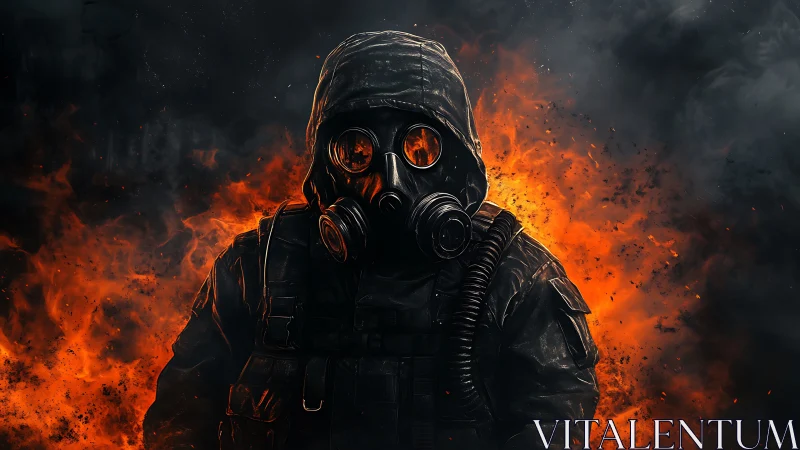 Hooded figure in gas mask before intense fire background.