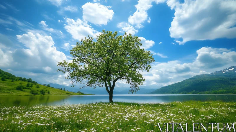 Solitary green tree stands beside calm lake under bright clouds