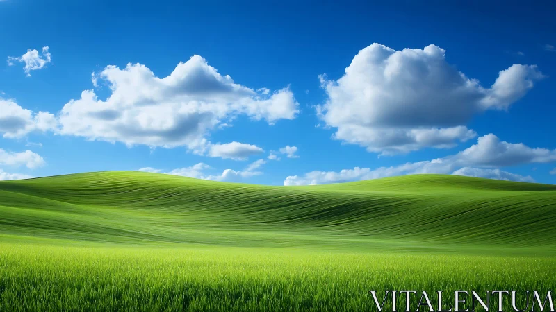 Rolling green hills under blue sky with white clouds.