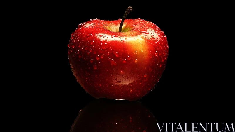 Red apple glistens with water droplets on black background.