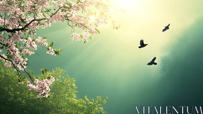 Spring blossoms frame sunlit sky with soaring birds.