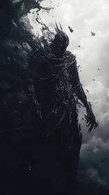 Shadowy humanoid figure dissolves into dark swirling void