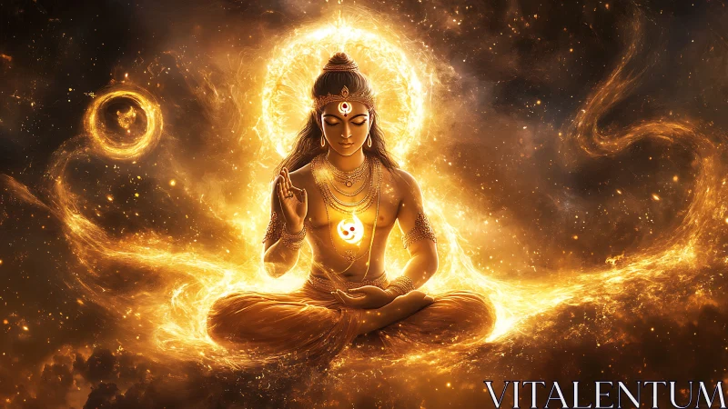 Luminous astral sage in golden cosmic energy halo composition.