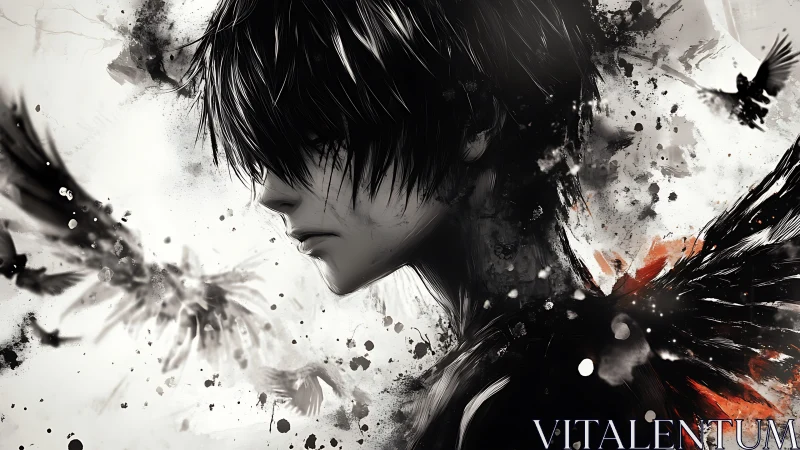 Monochrome anime portrait merges ink splatter, crows and dark wings