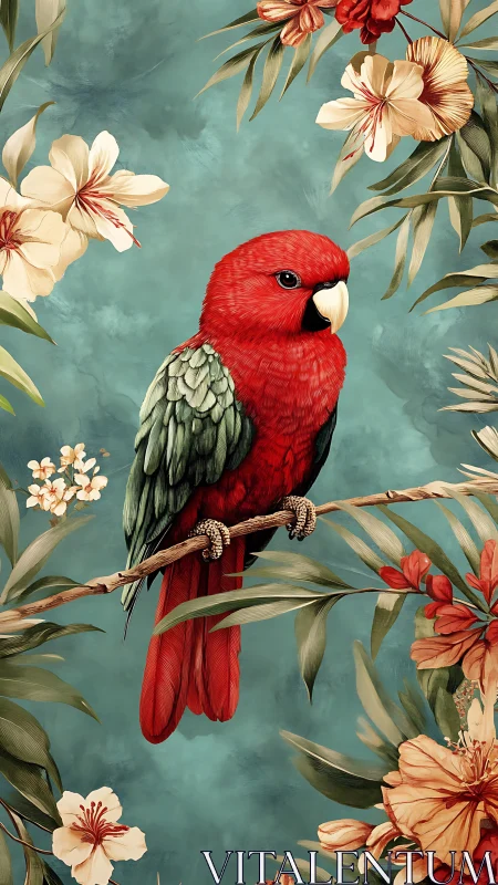 Scarlet parrot perches calmly amid lush tropical flowers