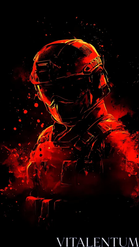 Red-armored sci fi soldier in stark dark splatter art.