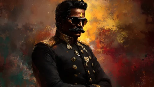 Mustached officer in decorated uniform stands against fiery backdrop