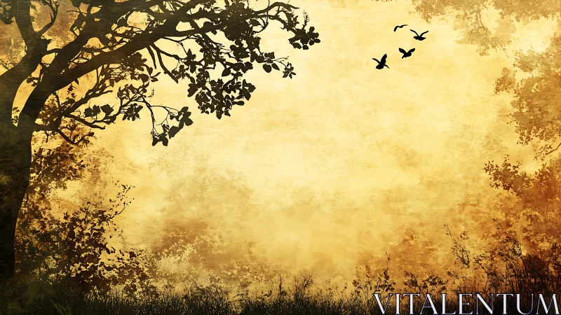 Silhouetted tree and flying birds frame textured yellow sky