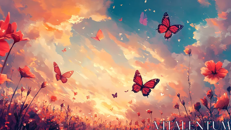 Monarch butterflies drift across a luminous painterly dusk sky