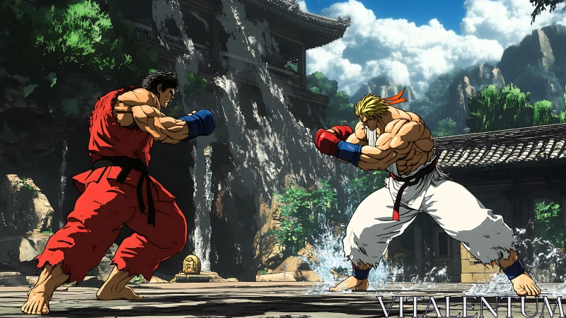 Martial artists clash in sunlit temple courtyard battle