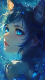 Dreamy blue-eyed catgirl bathed in gentle underwater light.