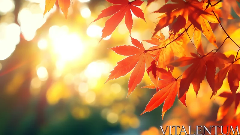 Sunlit maple leaves catching fire in autumn&rsquo;s soft hush.