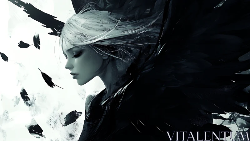 Winged monochrome seraph in dramatic side profile portrait.