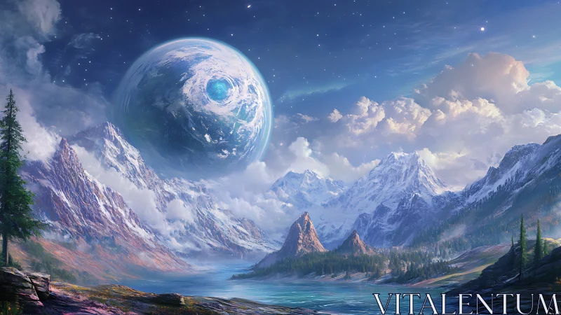 Colossal ice planet above luminous alpine valley lake.