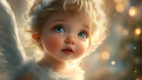 Blonde baby angel with wings and glowing bokeh background.