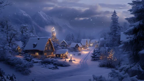 Snow covered village street with winter night lighting.