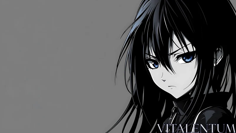 Brooding anime girl with piercing blue eyes in grayscale.