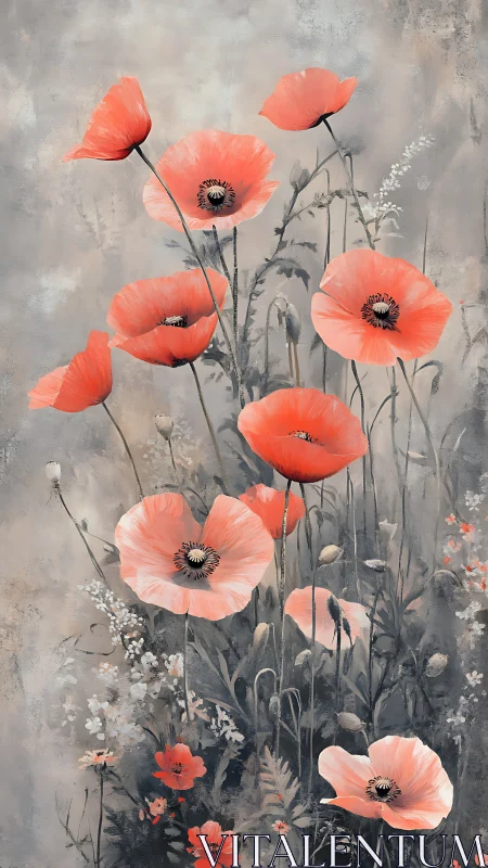 Coral Poppies Against Textured Gray Backdrop Rendered in Contemporary Botanical Study