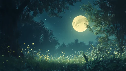 Moonlit wildflower meadow glowing under a gentle night sky.