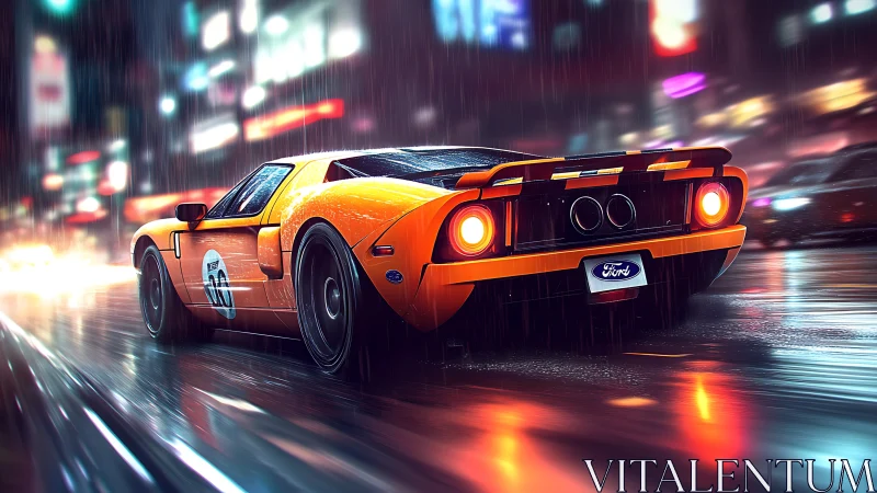 Digital painting of orange race car on neon wet city street.