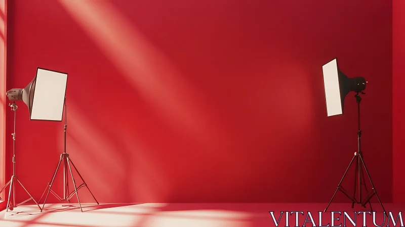 Red studio backdrop with two softbox lights on stands.