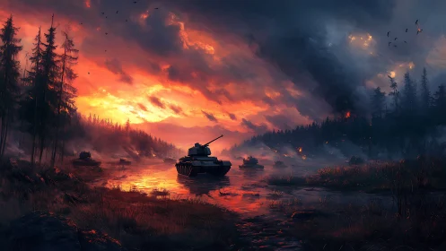 Tanks creep through ember skies and smoke-drowned marshlands.