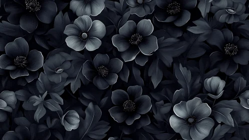 Dark monochromatic floral composition with textured petals and detailed centers