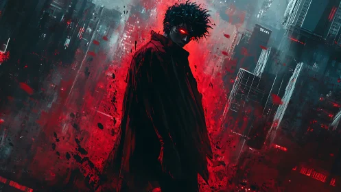 Dark figure with glowing red eyes in chaotic cityscape.