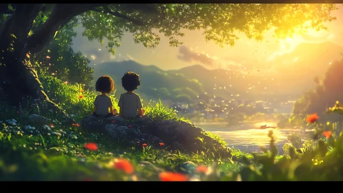 Sunlit childhood moment beside a glowing riverside meadow.