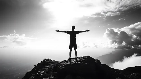 Sunlit mountain summit invites open-armed moment of freedom