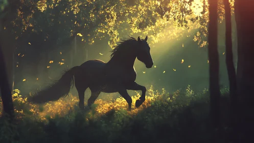 Sunlit forest stallion racing through molten morning gold.