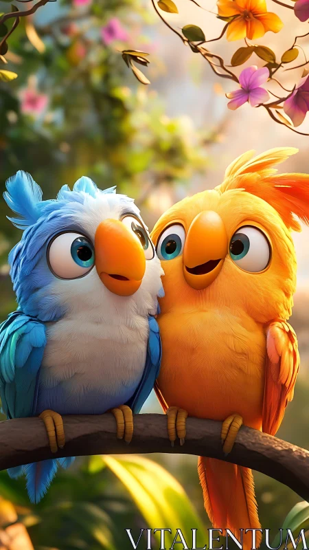 Chromatic cartoon lovebirds on branch under diffuse bokeh light.