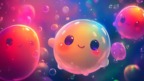 Glowing jelly friends float happily in a dreamy rainbow sky
