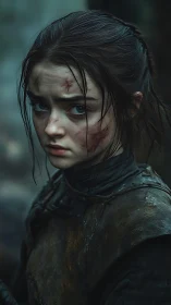 Battle-worn young girl in dark medieval leathers portrait.