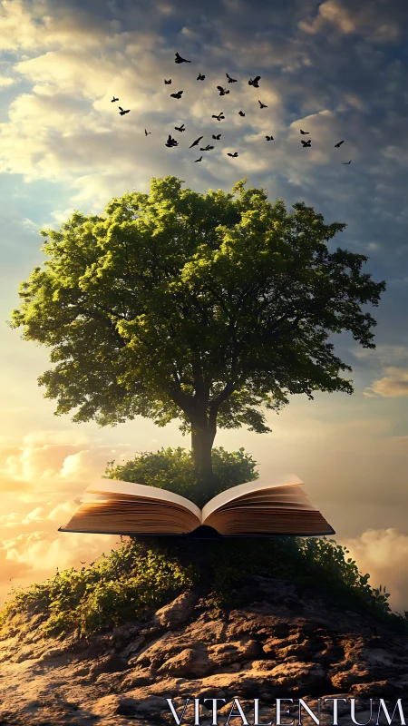 Storybook tree of knowledge growing in golden evening light.