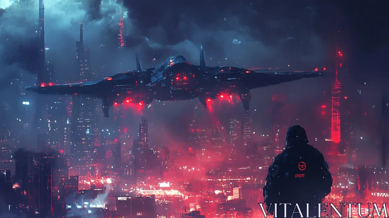 Futuristic aircraft over dense neon-lit cityscape at night.