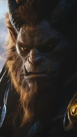 Brooding horned warrior gazes ahead in warm golden light