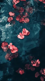 Coral Petals Floating in Teal Waters: Aerial Botanical Study.