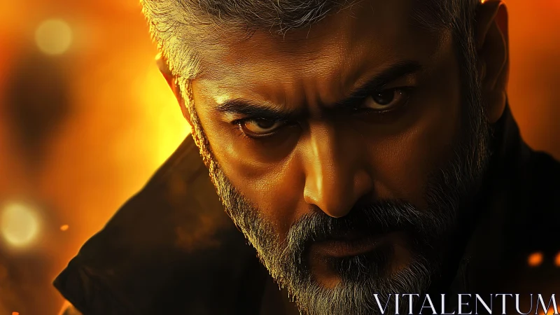 Storm-eyed vigilante glows against molten city dusk.