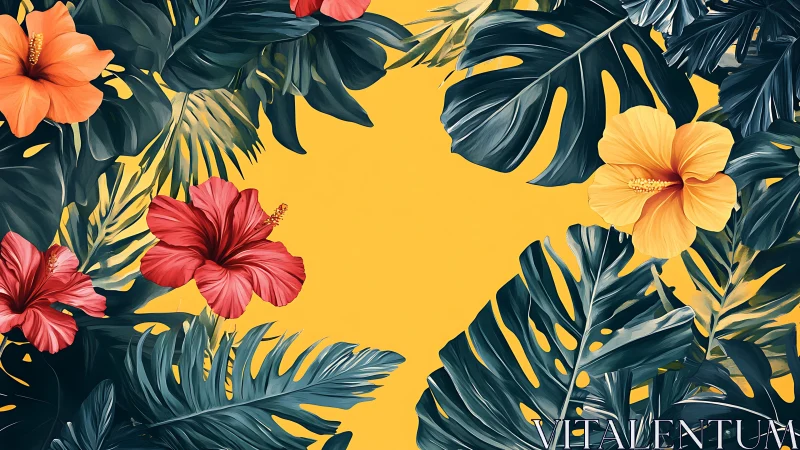 Tropical Floral Composition with Hibiscus and Monstera Foliage.