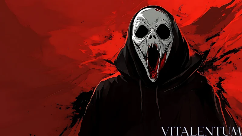 Hooded scream spirit howls against a splintered red storm