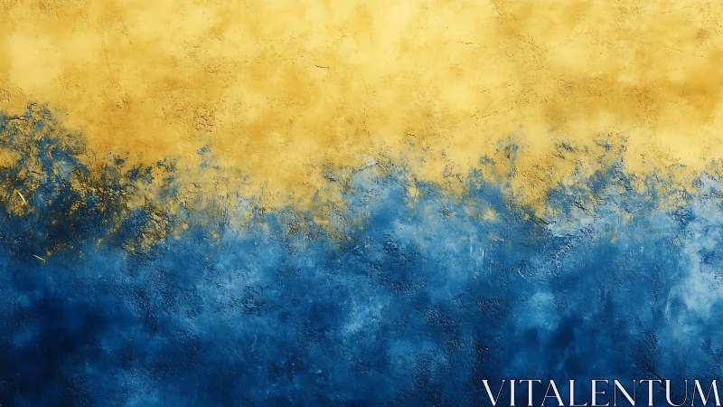 Textured abstract painting in yellow and blue with blended border.