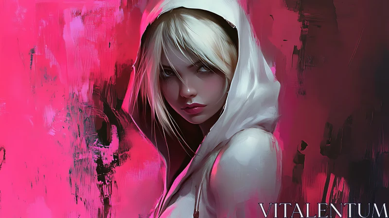 Digital female portrait shows hooded figure on pink ground
