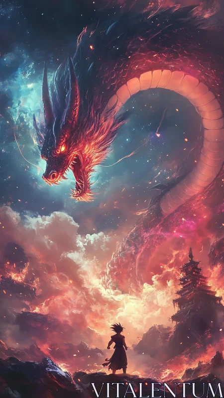 Celestial dragon confronts lone warrior above temple.
