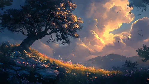 Sunlit hillside tree under dramatic painterly sky at dusk.